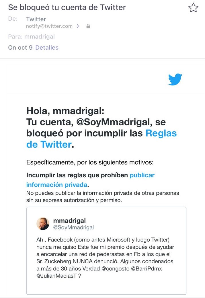 Twitter bloquea soymmadrigal por publicar mi propia direcci n de